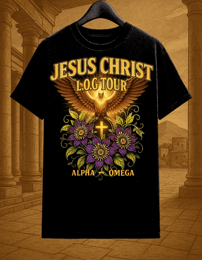 Jesus Christ L.O.G Tour Shirt – Bold Alpha & Omega Gospel Graphic Tee